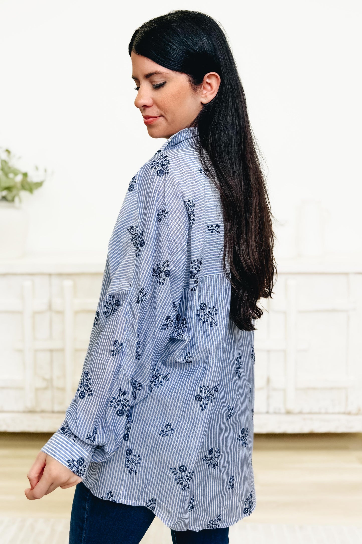 Timeless Charm Floral Stripe Button Down Top