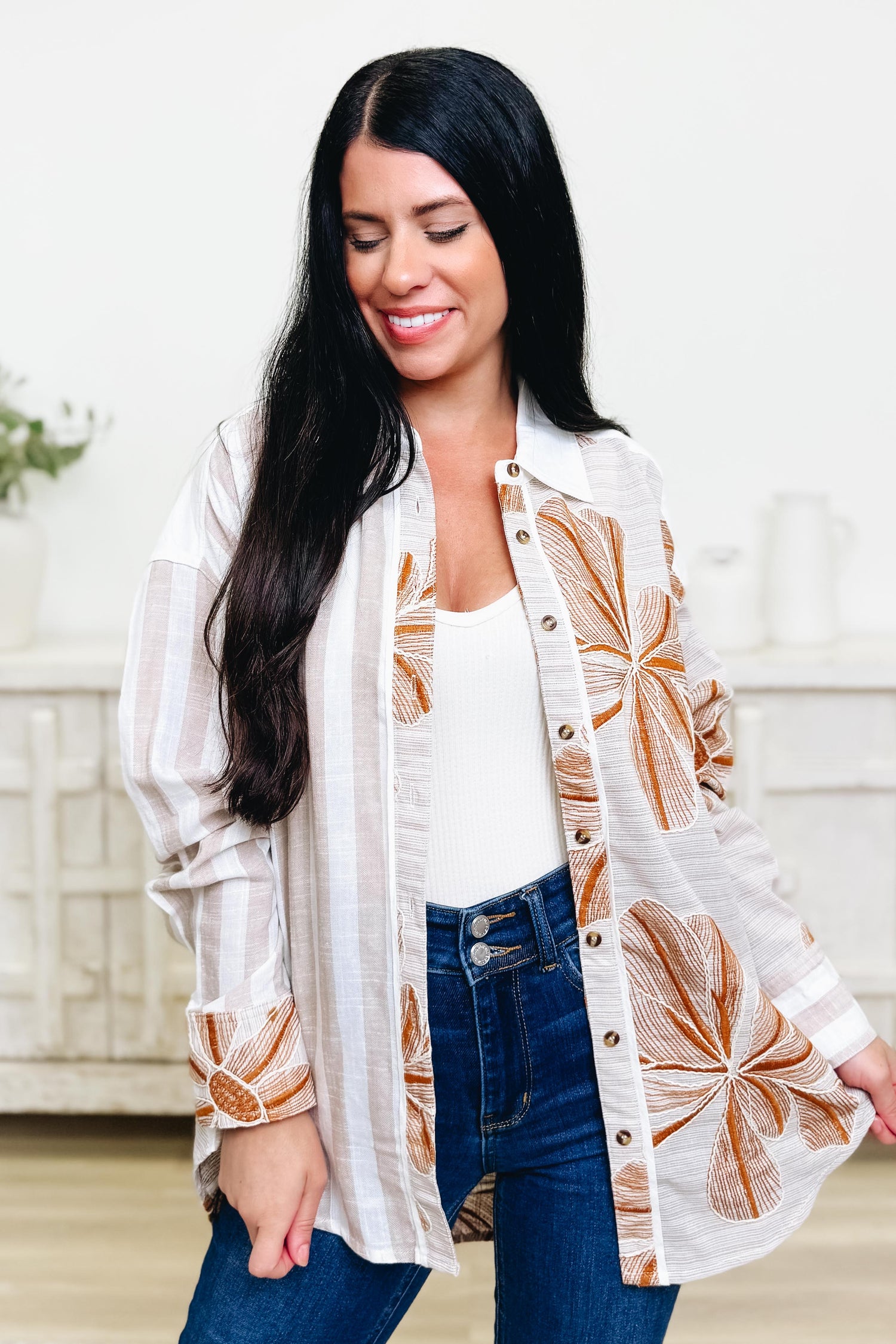 Let's Go Halfsies Floral Stripe Button Down Top