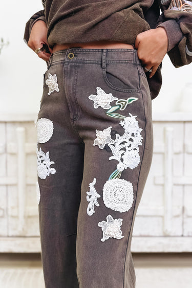 Knit Fit Crochet Patch Pants - Charcoal