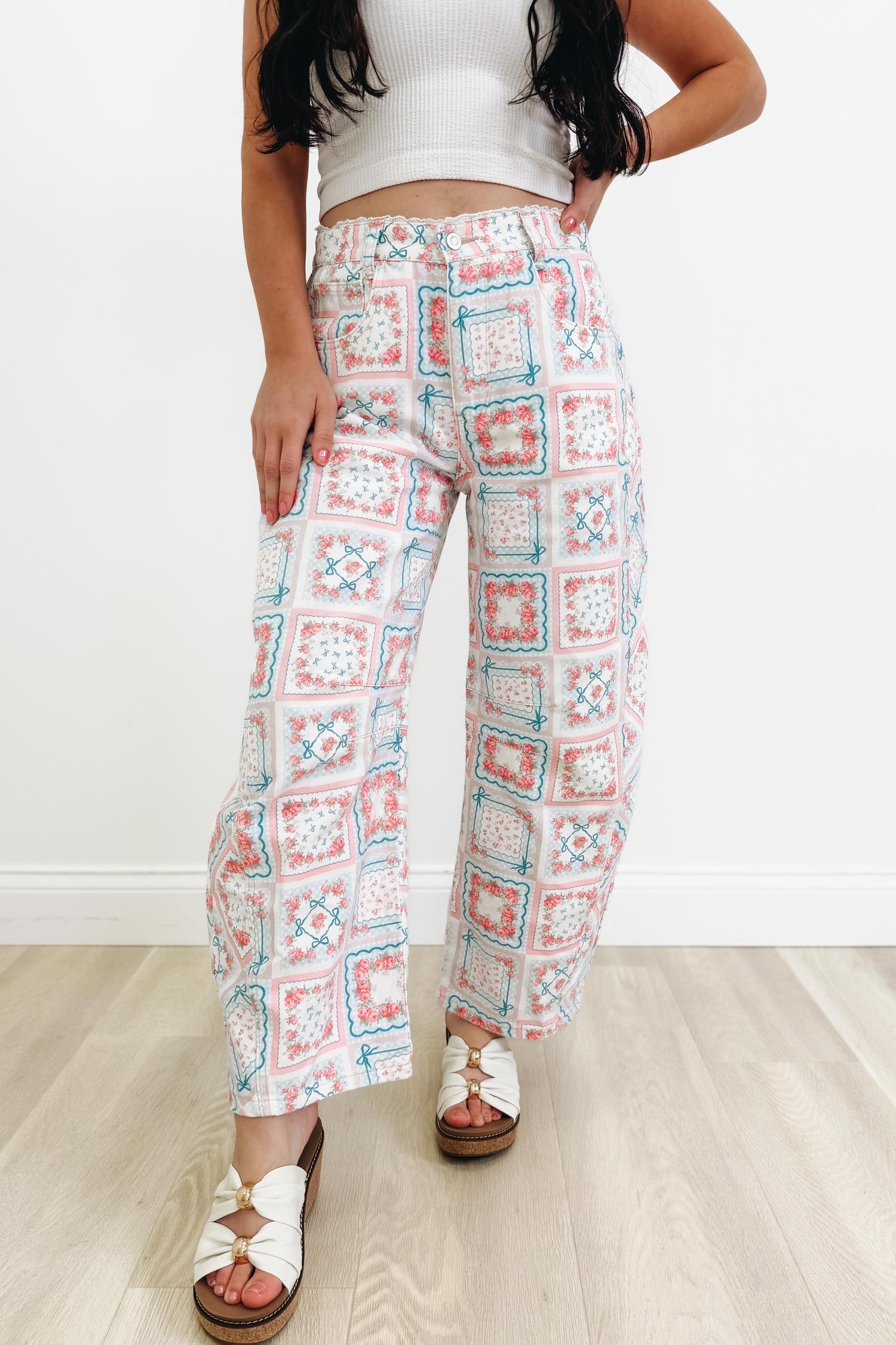 Floral Scarf Barrel Pants - Pink Blue