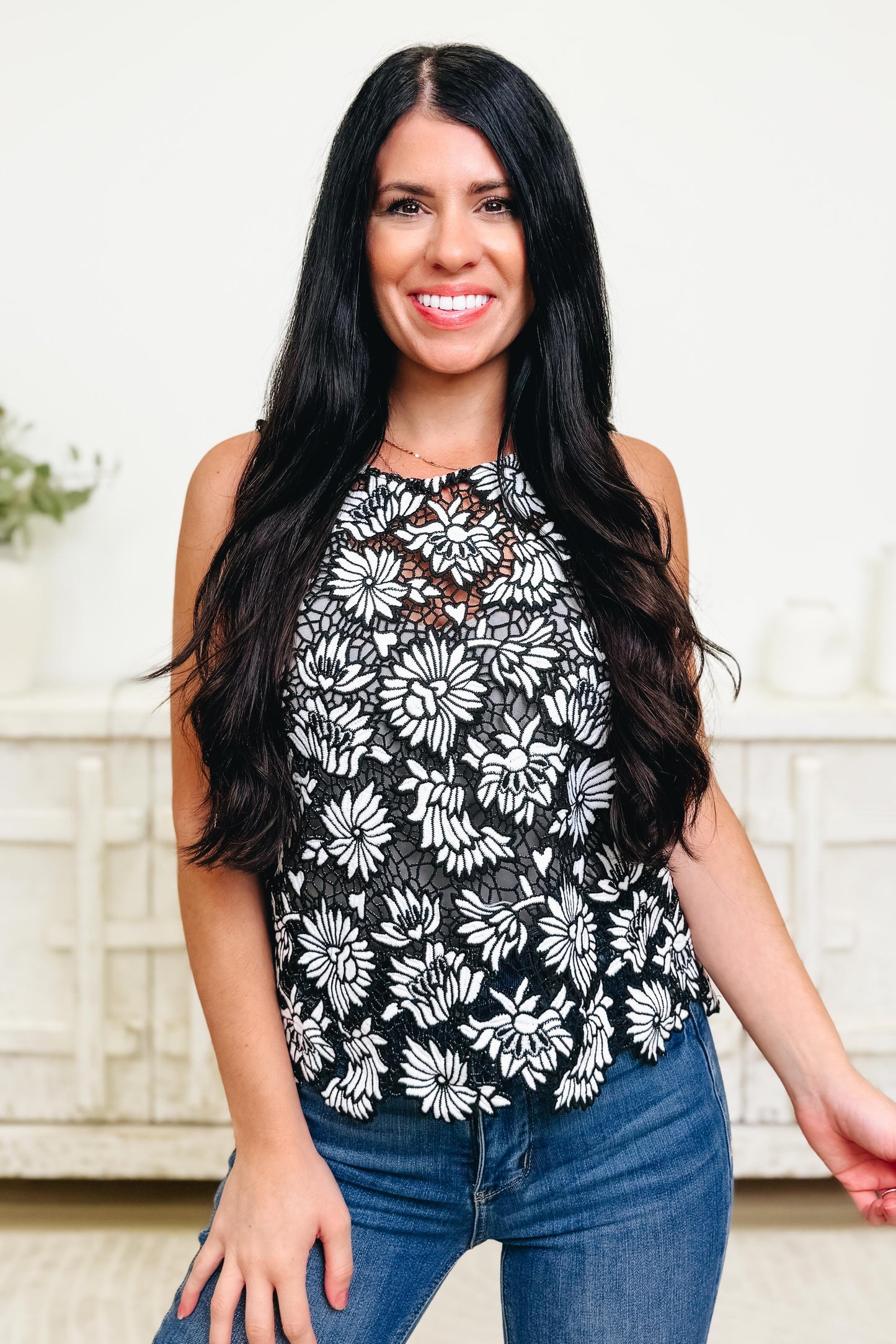 Monochromatic Static Floral Crochet Top