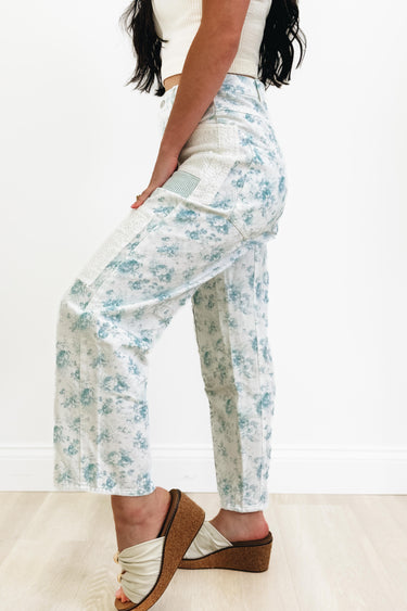 The Right Choice Floral Barrel Denim Pants - Light Aqua