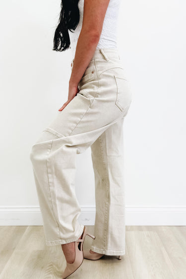 Clean Slate By Saige Denim - Western Barrel Jeans - Light Beige