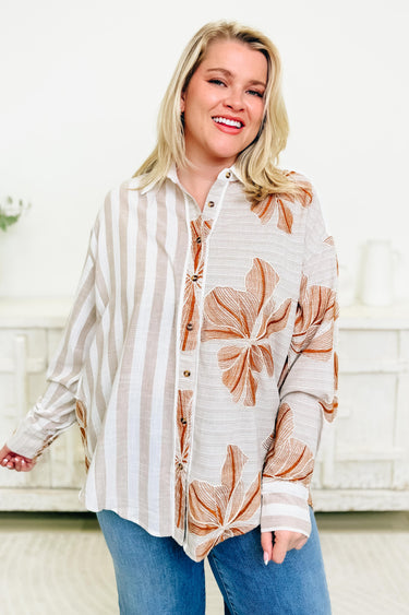 Let's Go Halfsies Floral Stripe Button Down Top