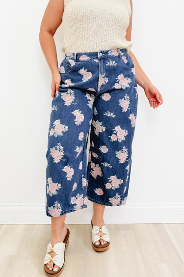 Floral Perspective Wide Leg Pants - Denim Blue