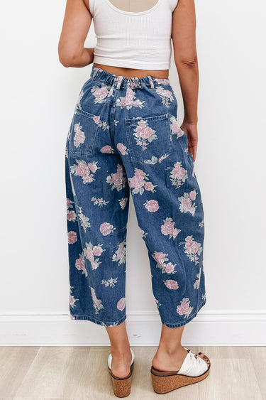 Floral Perspective Wide Leg Pants - Denim Blue