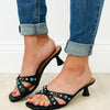 Solid Gem Stud Heel Sandals - Black