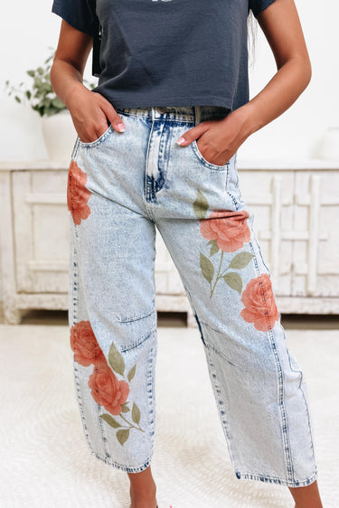 Smell The Roses Barrel Jeans - Light Wash