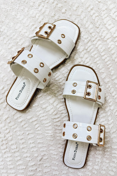 Press Double Buckle Flat Sandals - White