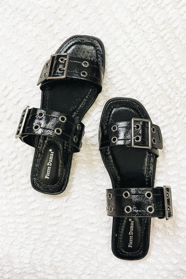 Press Double Buckle Flat Sandals - Black