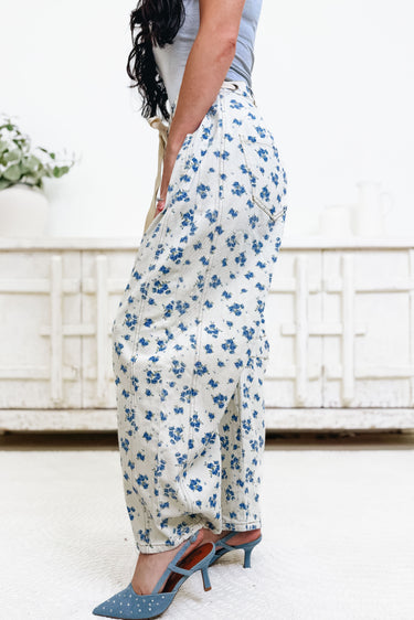 Floral Crush Denim Pants - Cream Blue