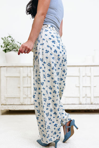 Floral Crush Denim Pants - Cream Blue