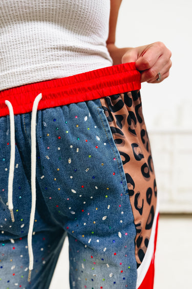On Your Mark Leopard Pants - Red Denim Blue