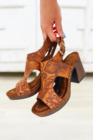 More Embossed Floral Heel Sandals - Tan