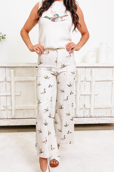 Duck Duck Groove Mallard Print Wide Leg Pants - Ivory