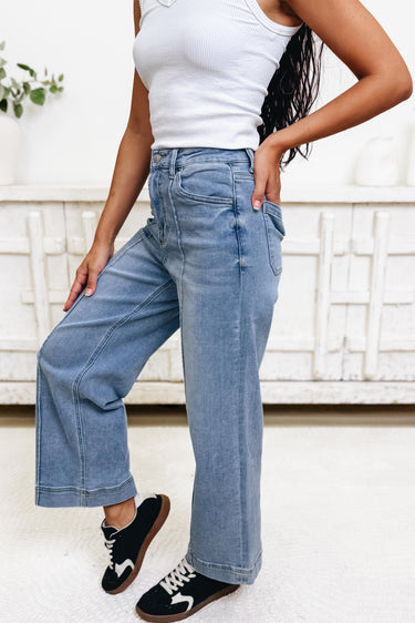 Sleek & Repeat By Zenana - Wide Leg Pintuck Jeans - Light