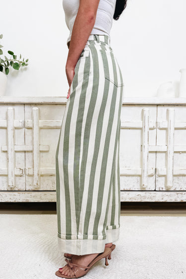 High Roller Stripe Barrel Pants - Sage