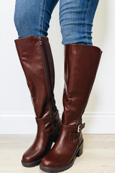 Aqua Knitted High Knee Boots - Brown PU
