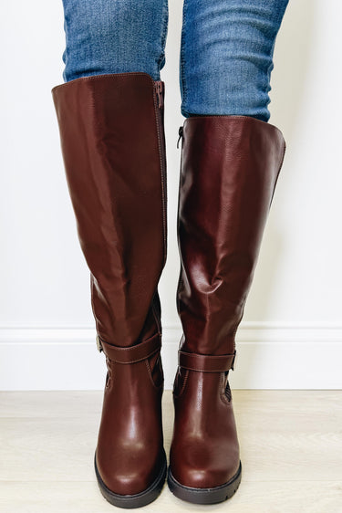 Aqua Knitted High Knee Boots - Brown PU