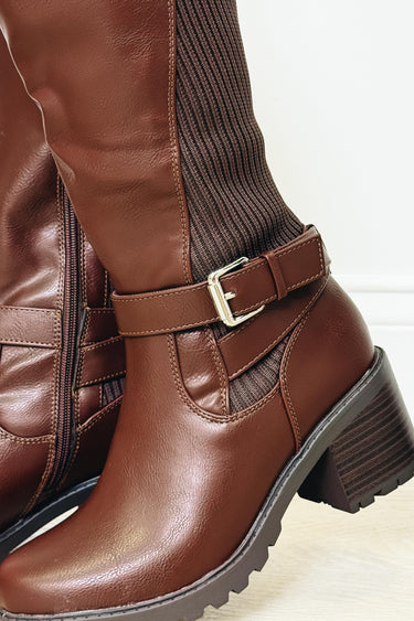 Aqua Knitted High Knee Boots - Brown PU