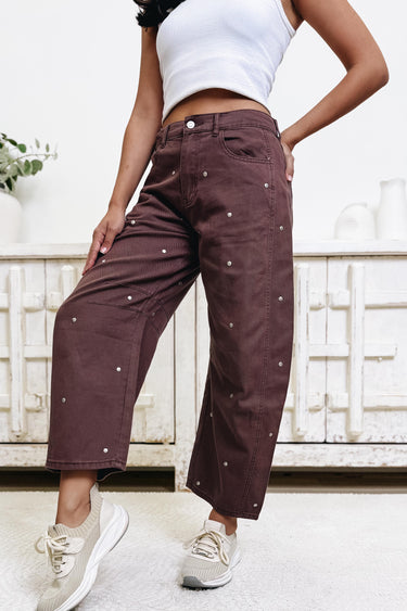 Like Never Before Studded Barrel Pants - Brown