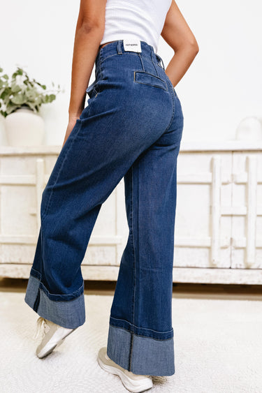 Always On Time Cuffed Wide Leg Jeans - Denim