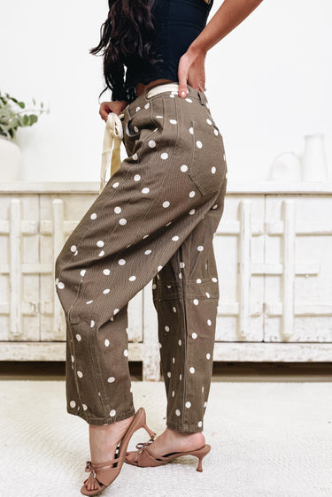 Feeling On Point Polka Dot Barrel Pants - Brown Ivory