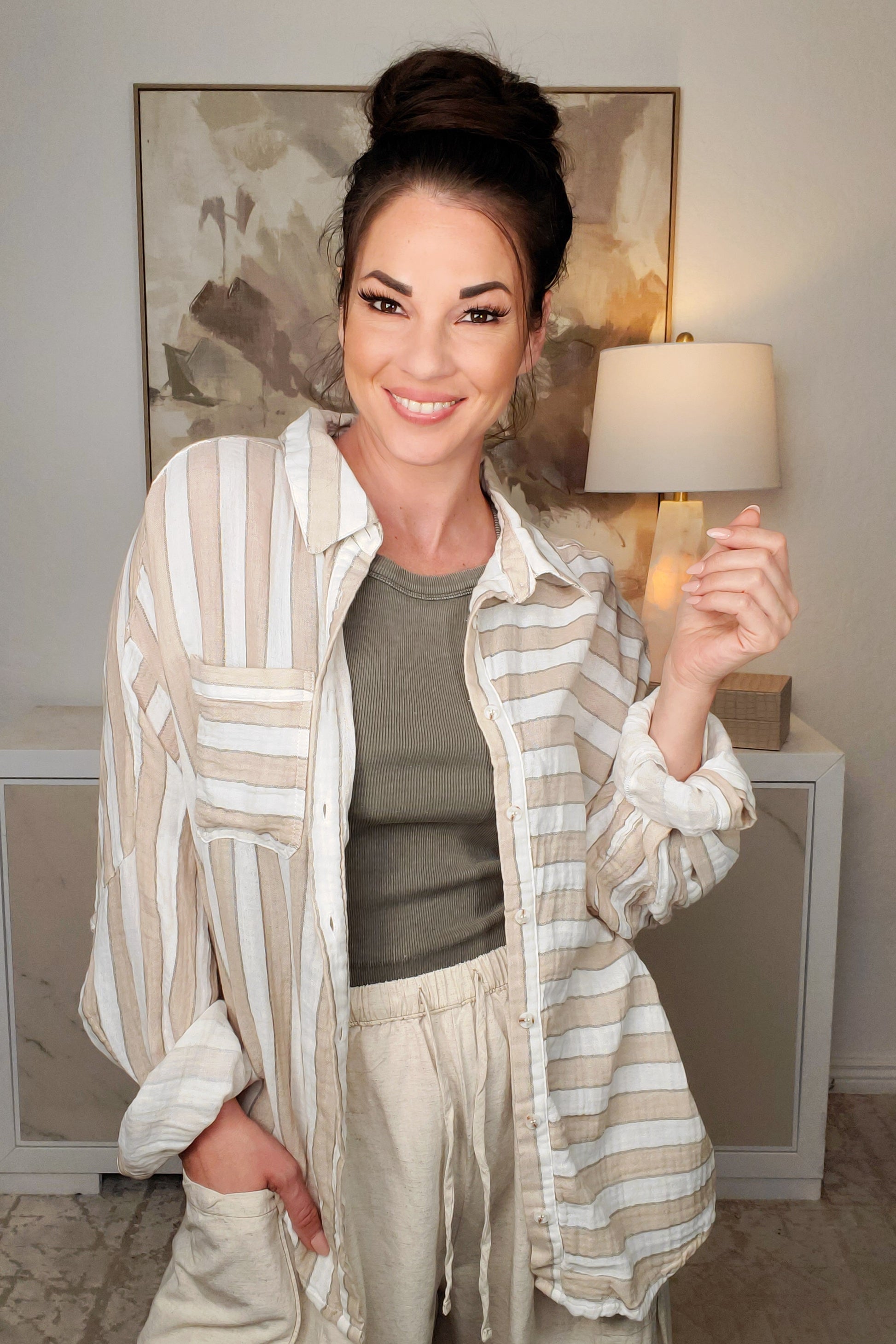 Bringin' Comfy Back Button Down Top - Taupe White
