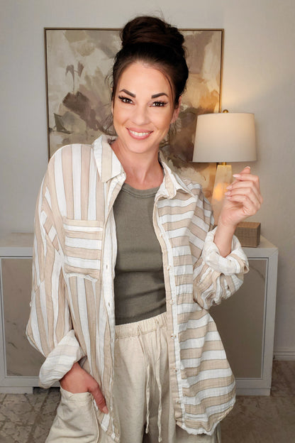 Bringin' Comfy Back Button Down Top - Taupe White