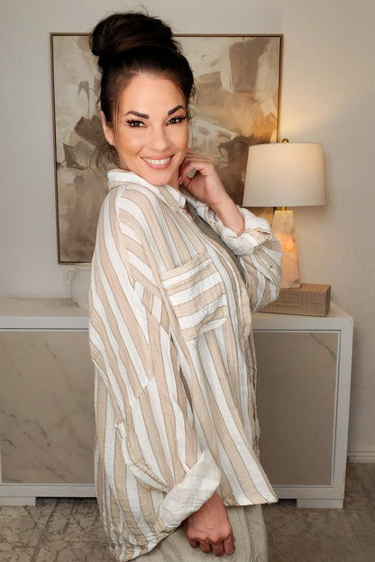Bringin' Comfy Back Button Down Top - Taupe White
