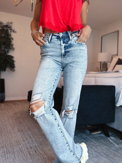 Shimmer Down Now By Mica - Mid Rise Distressed Embellished Jeans