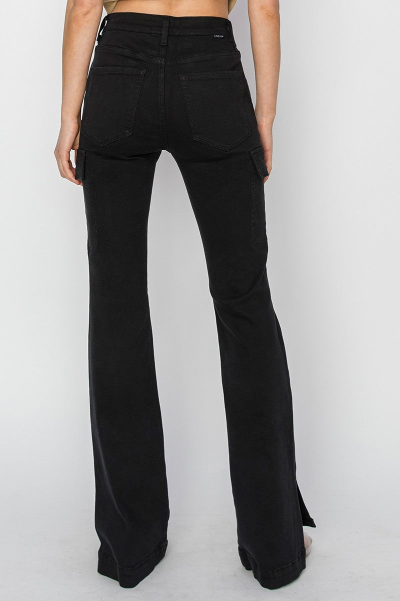 The Perfect Cargo Jeans By Risen - High Rise Cargo Slit Hem Bootcut Jeans - Black
