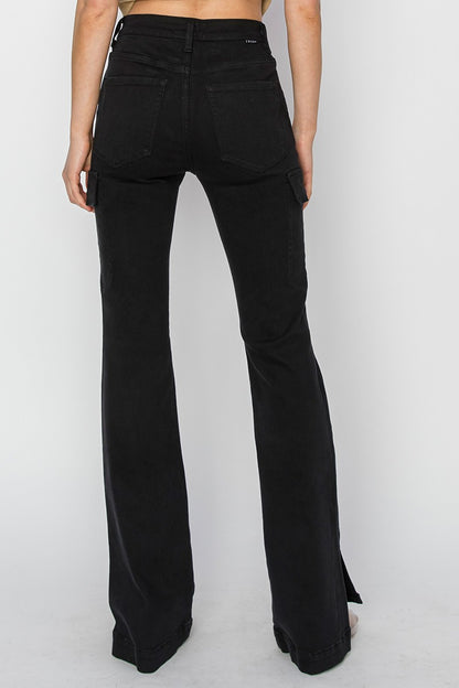 The Perfect Cargo Jeans By Risen - High Rise Cargo Slit Hem Bootcut Jeans - Black