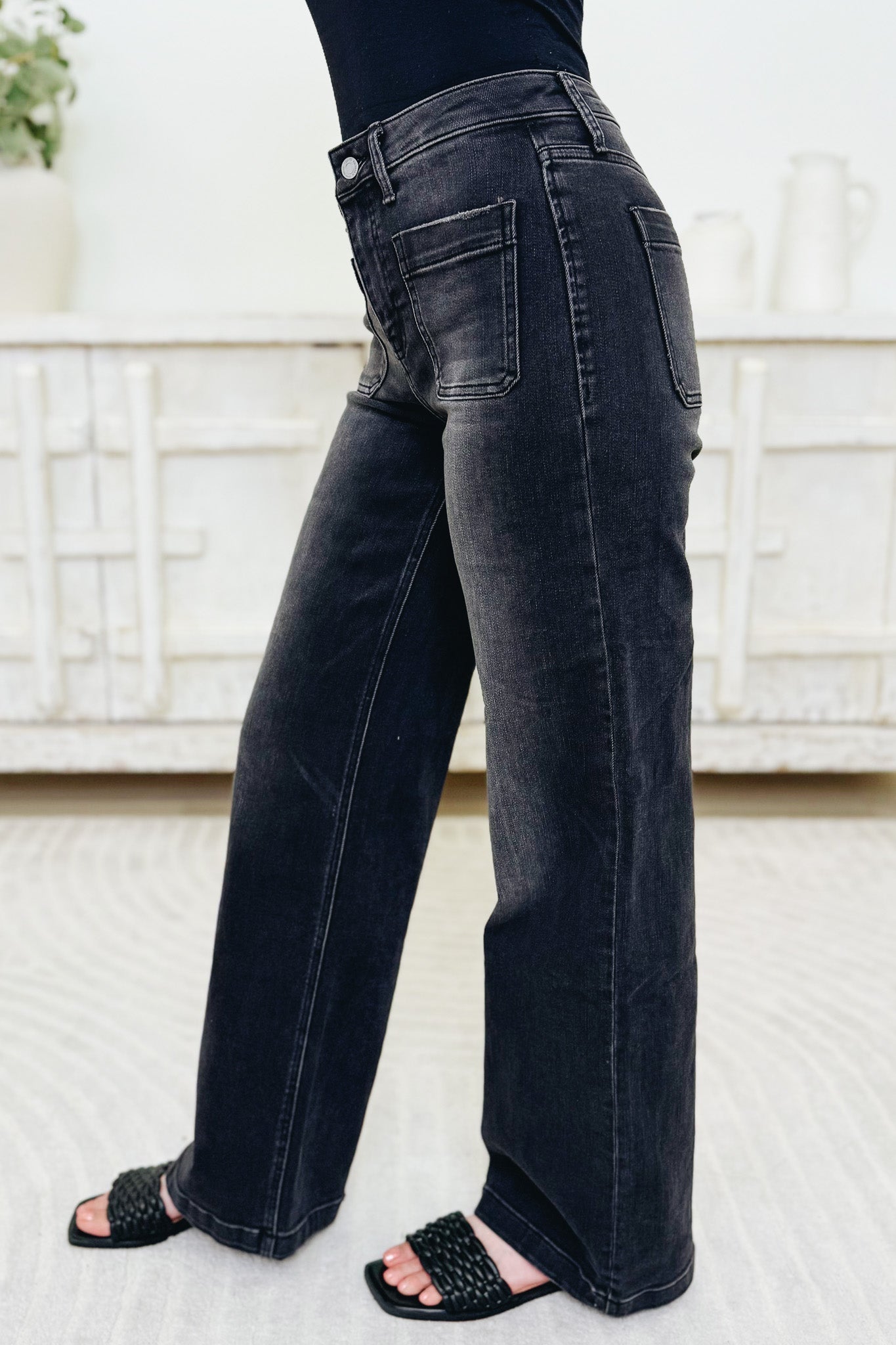 True Icon By Vervet - High Rise Wide Leg Jeans - Black
