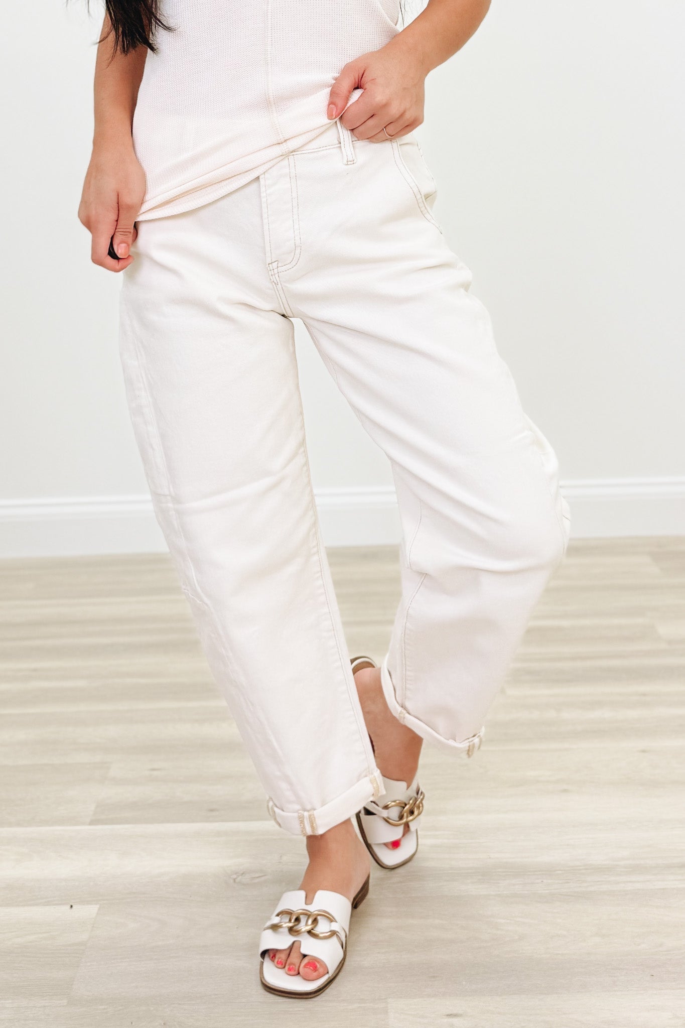 The Downtown By Risen - High Rise Relaxed Barrel Cuffed Jeans - Ivory