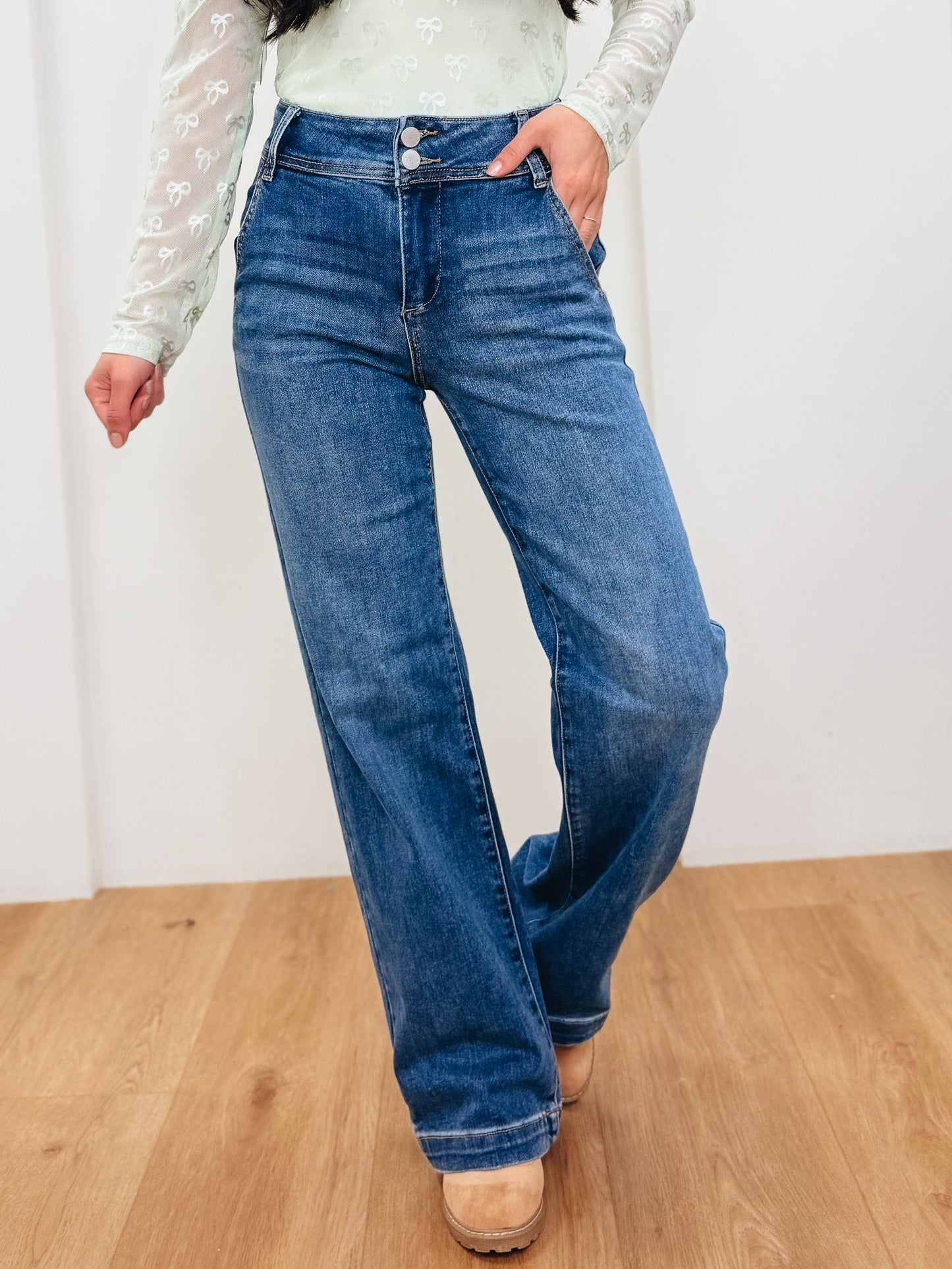 How Sweet It Is By Risen - High Rise Tummy Control Wide Leg Double Button Jeans - Dark
