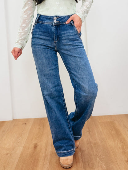 How Sweet It Is By Risen - High Rise Tummy Control Wide Leg Double Button Jeans - Dark