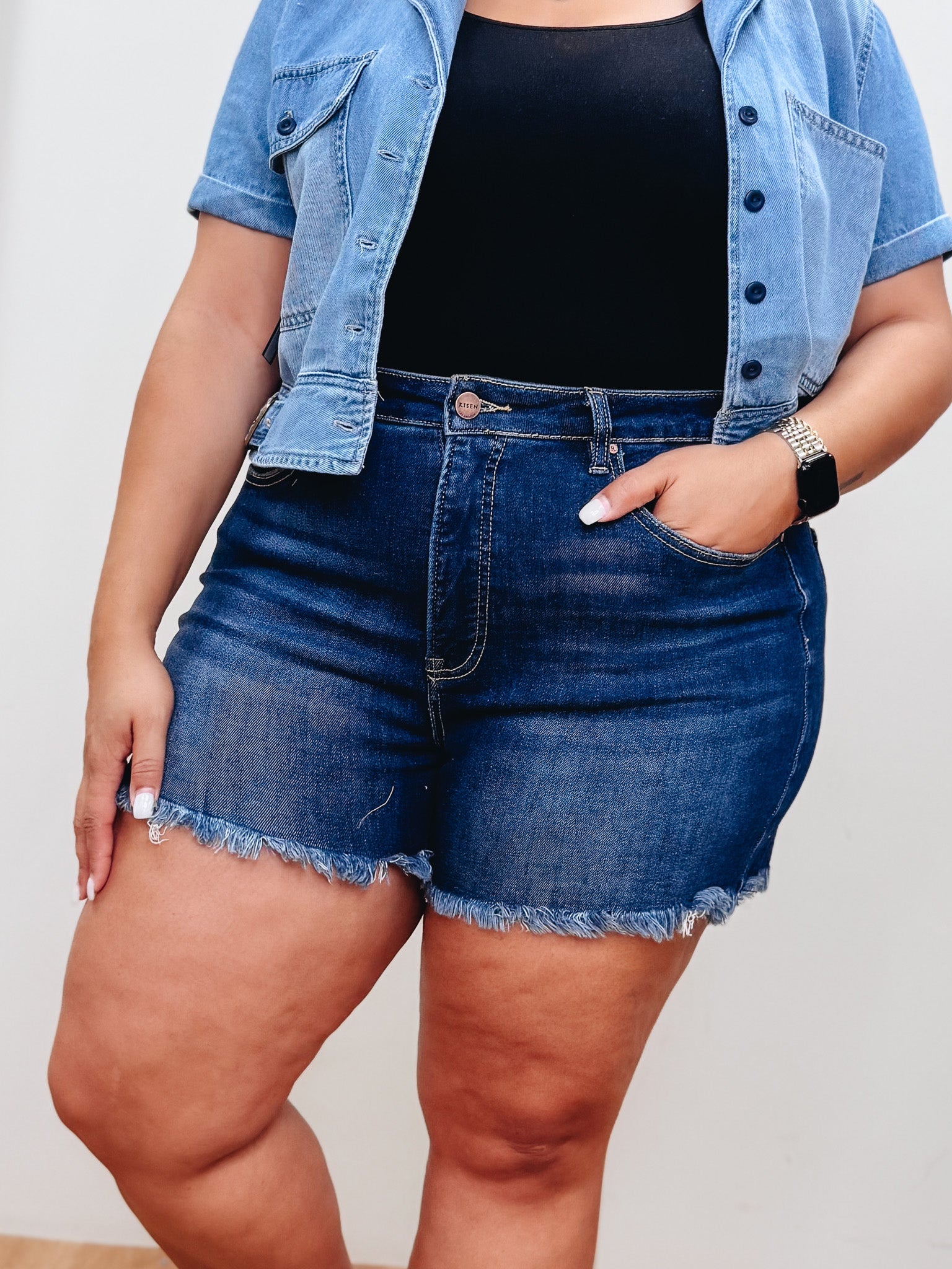 Sunburst By Risen - High Rise Tummy Control Fray Hem Shorts - Dark
