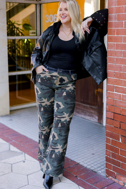 I'm A Survivor - Mid Rise Straight Wide Leg Jeans - Camo