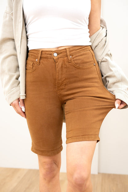Judy Blue Babe Watch High Rise Tummy Control Bermuda Shorts - Brown