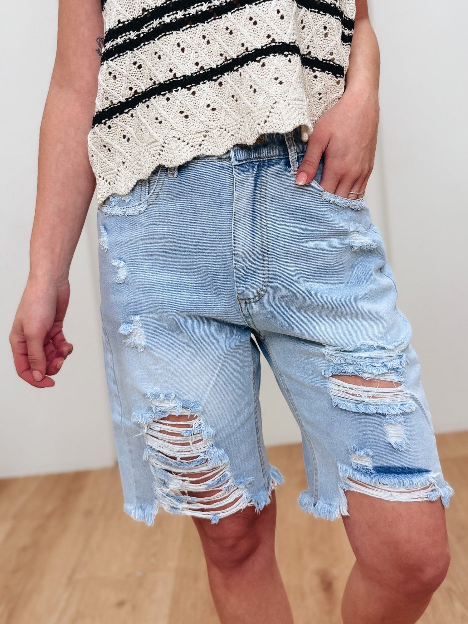 Meant 2 Be Distressed Bermuda Shorts