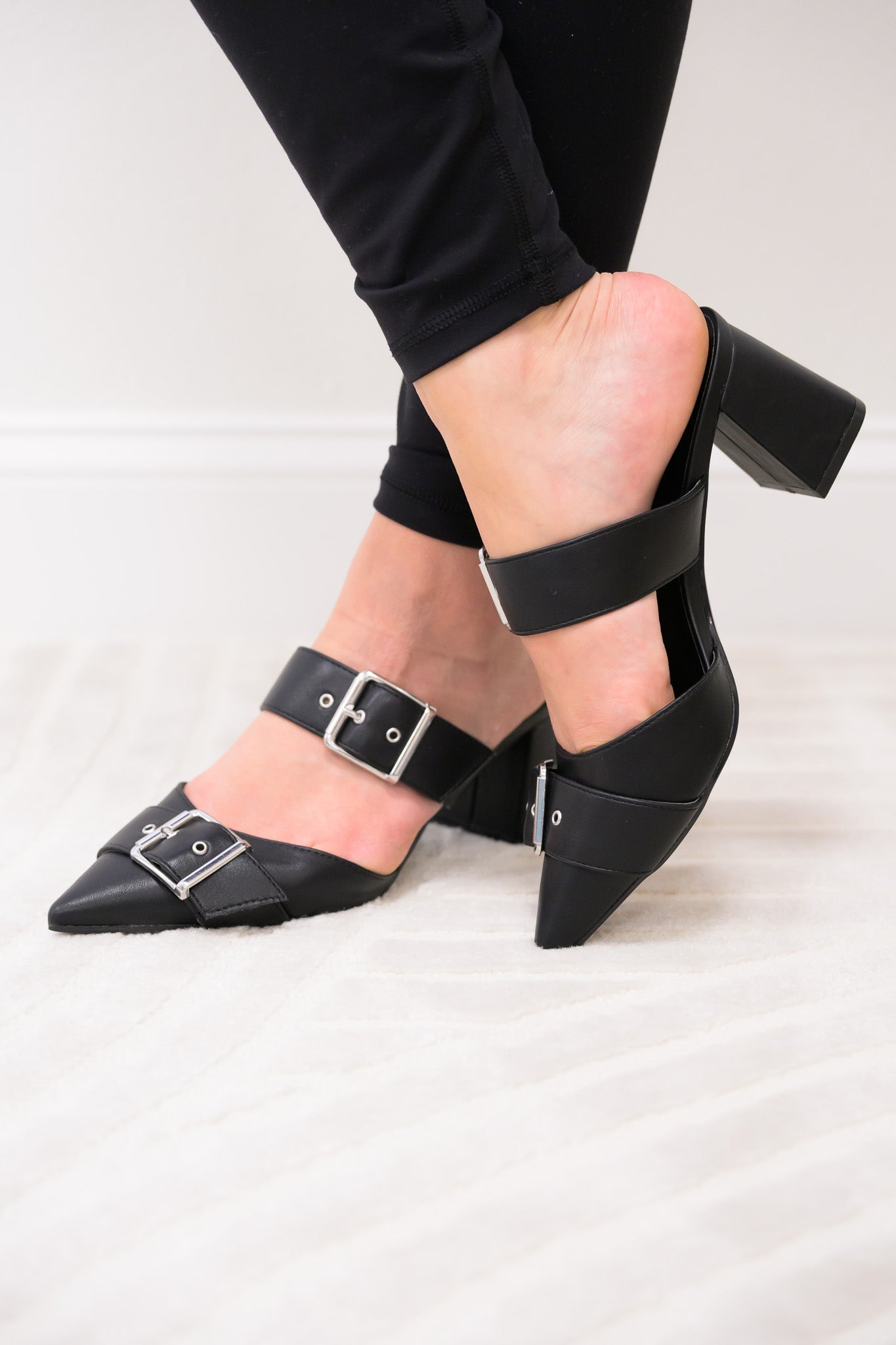 Starlike Double Buckle Block Heels - Black