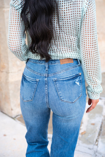 Judy Blue Walk In The Park High Rise Tummy Control Knee Destroy Straight Jeans