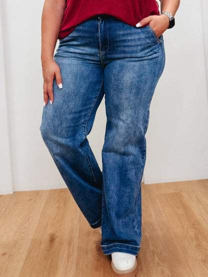 How Sweet It Is By Risen - High Rise Tummy Control Wide Leg Double Button Jeans - Dark