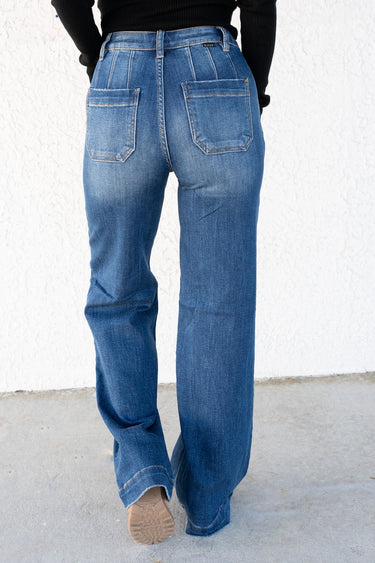 All The Class By Risen - Wide Leg Slanted Pocket Jeans - Dark