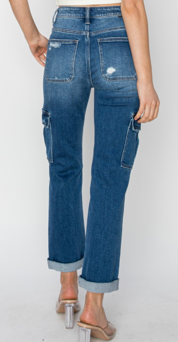 Array Torn & True By Risen - High Rise Cargo Ankle Roll Up Straight Jeans - Dark