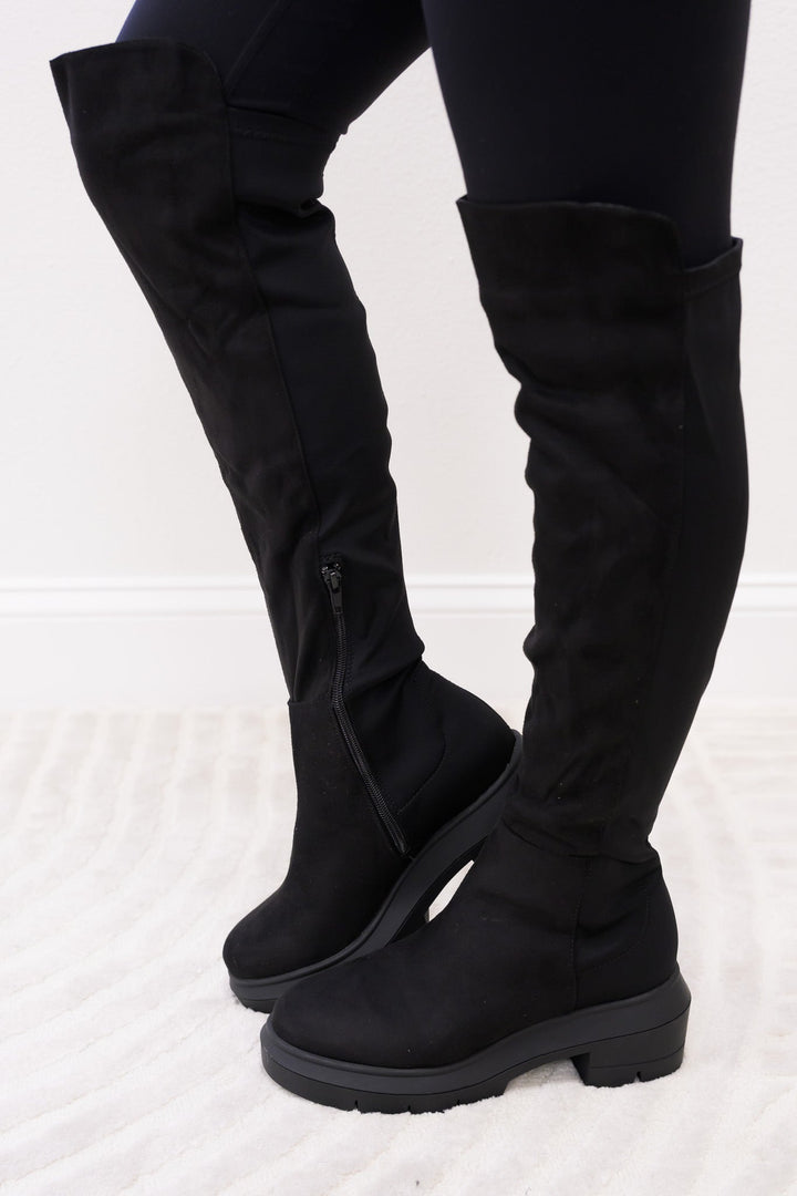 Midnight Lug Sole High Knee Boots - Black