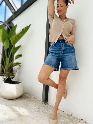 Summer Splash By Mica - Button Down Bermuda Shorts - Dark Blue