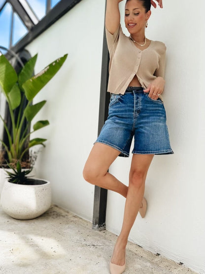 Summer Splash By Mica - High Rise Button Down Bermuda Shorts - Dark Blue