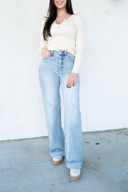 The Genie By Risen - High Rise Tummy Control Wide leg Cuffed Jeans - Light